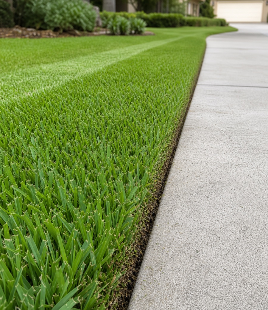 Close view of a crisply edged lawn where St. Augustine grass meets a concrete driveway.