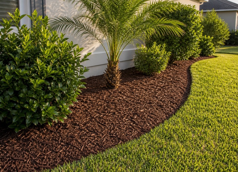 A freshly mulched planting bed with an even depth of pine bark and a clean cut edge against the lawn.