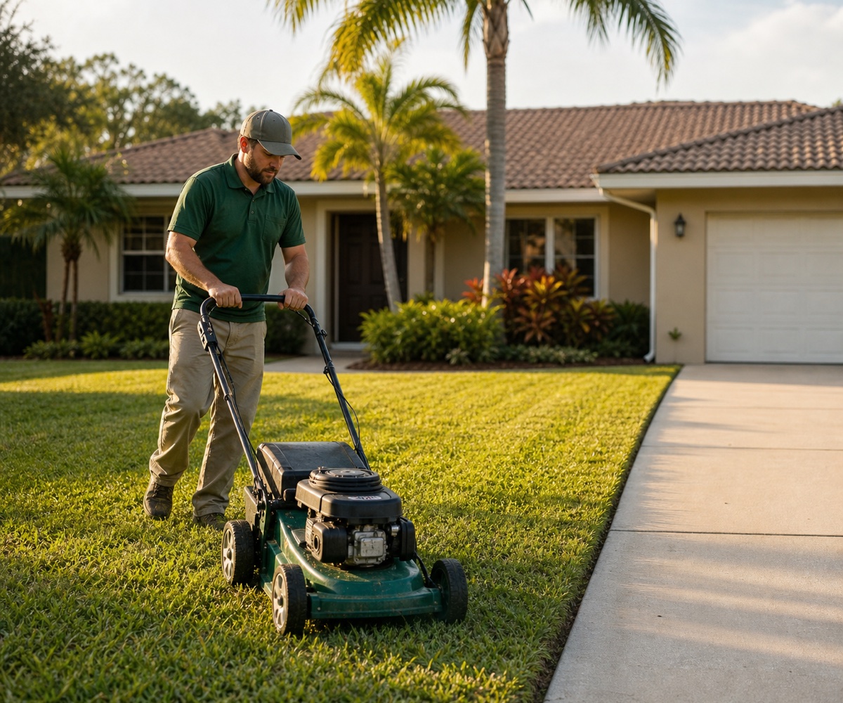 A crew member mowing a St. Augustine lawn in front of a Florida ranch home in North Pinellas County.